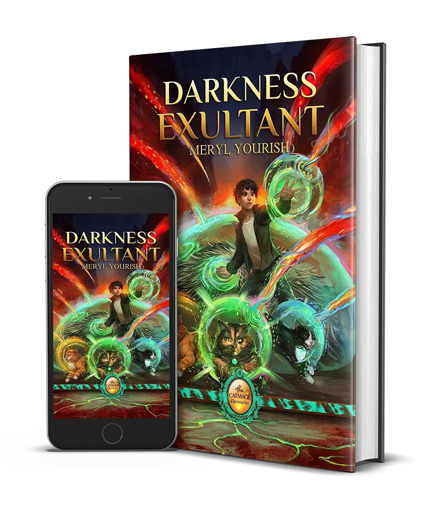 Cover of Darkness Exultant, depicting Andy, a teenage boy, creating a magic shield to protect a Catmage dwelling while three Catmages rush to battle in front of him