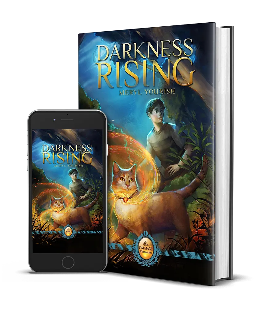 Darkness Rising cover depicting Andy, a teenage boy, standing behind Goldeneyes, a Catmage, with magic rays coming from her collar