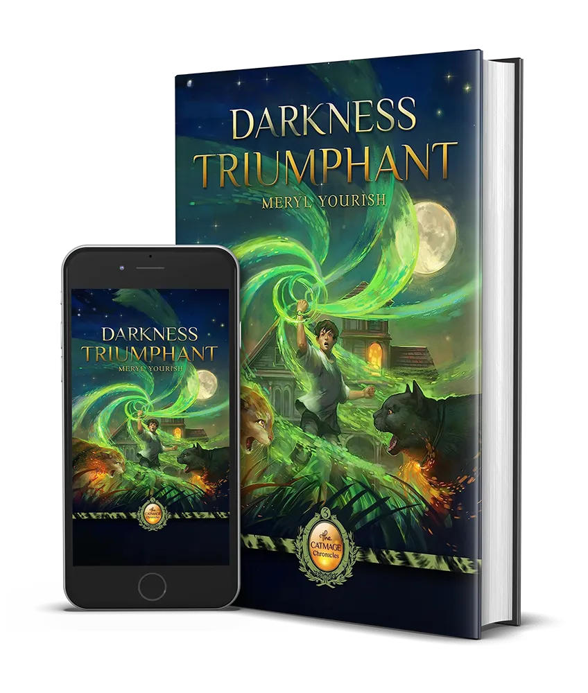 Cover of Darkness Triumphant, featuring Andy, a teenage boy, wielding magic in the background as a Catmage leaps to battle in front of him