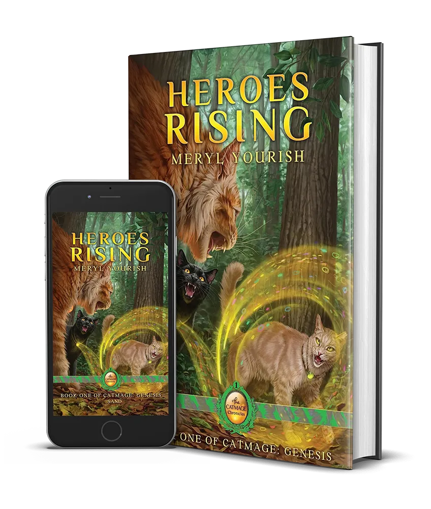Cover of Heroes Rising, depicting an orange Maine Coon fighting a cream tabby while a black cat tries to stop them